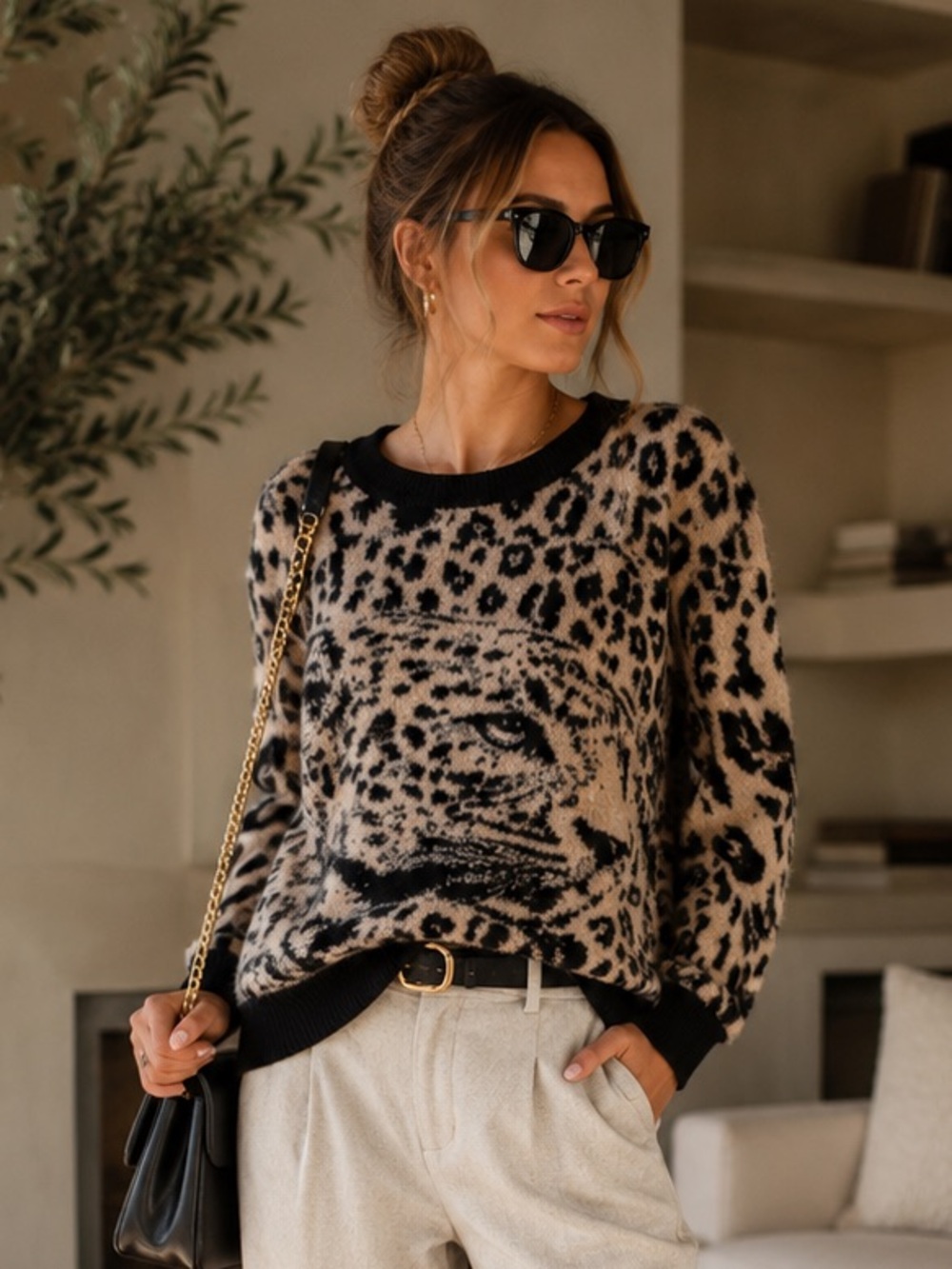 DKNY Leopard Tiger Eyelash Knit Sweater Large Fuzzy Animal Print Designer Luxury